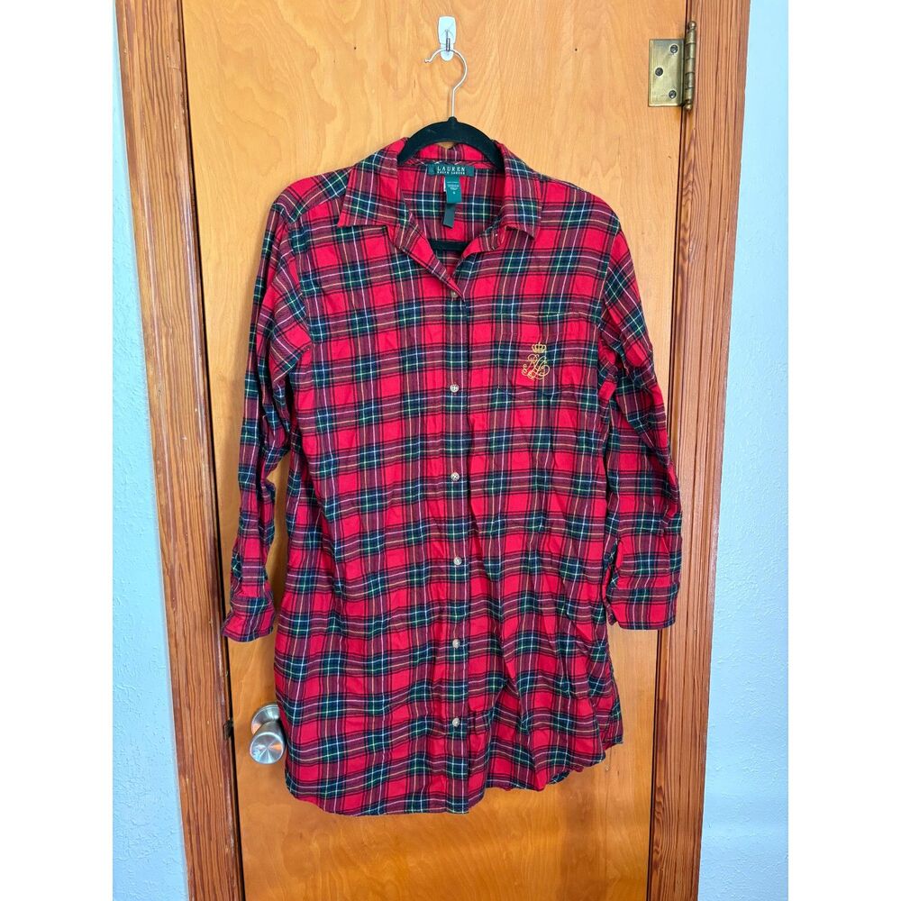 Lauren Ralph Lauren Plaid Flannel Sleep Shirt Small Red Cotton Pajama Nightgown